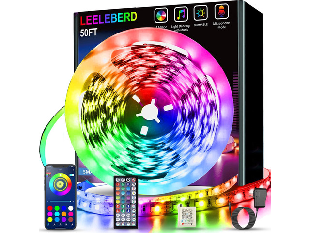 50ft Led Strip Lights, Music Sync Color Changing Led Light Strips, App Control and Remote, Led Lights for Bedroom Living Room Party Home Decoration