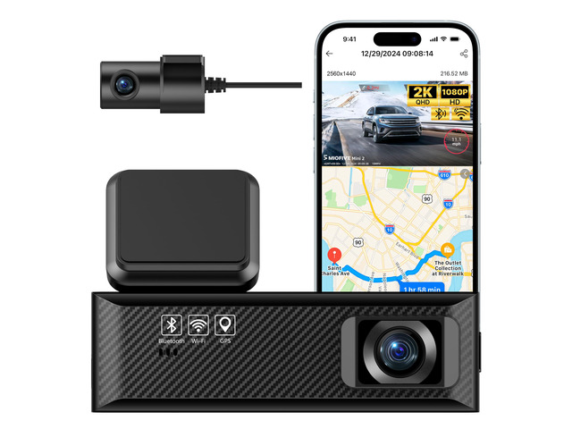 Mini 2 Dual Dash Cam for Cars - 2K Front + 1080P Rear Dash Camera Built-in WiFi, GPS Tracking, iOS Android App Control, HDR Night Vision, 24H...