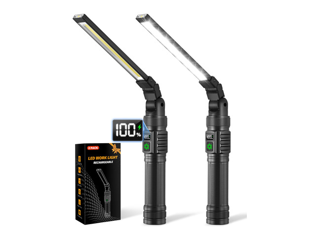 2Pack Magnetic Rechargeable LED Work Light/Flashlight for Mechanics All Aluminum, 1500 High Lumens, Digital Display, 7 Modes, 360° Rotation, for...