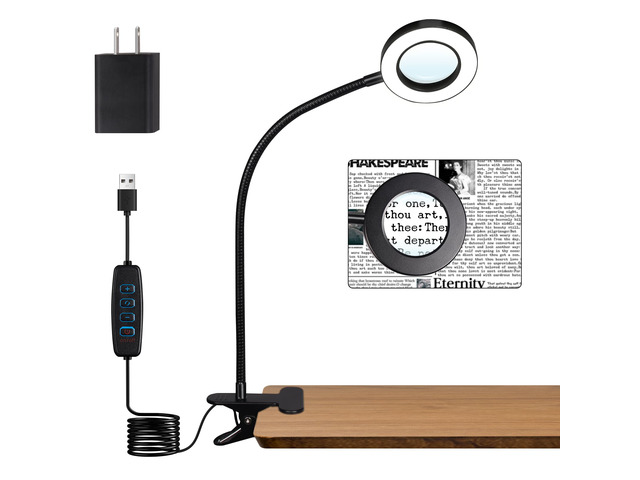 Desk Lamp 5X Magnifying Glass with Light Clamp Light for Reading 10 Brightness, 3 Color Modes, 5V/2A Adapter Included Clip on magnifying light...