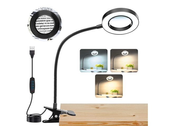 10X Magnifying Glass with Light and Stand,Hands Free Clip on Magnifier Lamp 48 LED 3 Color Modes 12 Brightness, Clamp Flexible Gooseneck Desk Light...