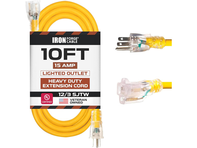 12 Gauge Heavy Duty Extension Cord, 10 Ft - Yellow SJTW 12/3 Outdoor Cable, Lighted End, 3 Prong Grounded Plug, 15 Amp, Weatherproof - For Job...