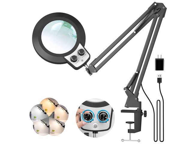 12X Magnifying Glass with Light and Stand, Overhead Dual Knob Lighted Magnifier Lamp for Workbench, Craft, Sewing, Repair, Reading, Real Glass Lens...