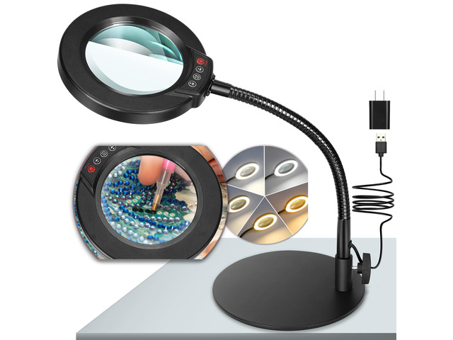 10X Magnifying Glass with Light and Stand, 5 Color Modes Stepless Dimmable LED Lighted Desk Lamp, Hands Free Magnifier with Flexible Goose-Neck for...