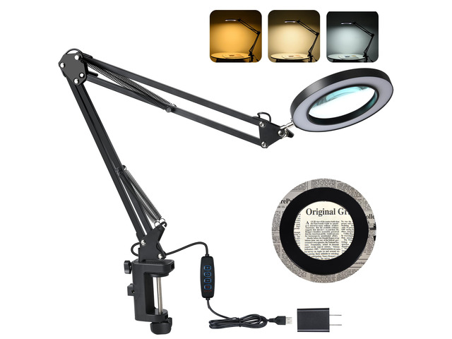LED Magnifying Desk Lamp with Stand and Clamp for Repair, Crafts, Reading 5-Diopter Glass Lens, 3 Color Modes, Stepless Dimming, Adjustable Swivel...