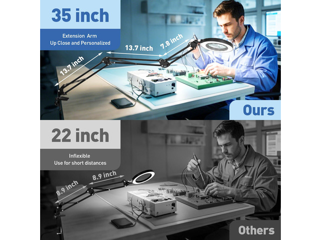 30X & 12X Ultra Long Magnifying Glass with Light and Clamp 3-Section Arm Hands Free Lighted Stand, 5 Color Modes, Stepless Dimming LED Desk Lamp...