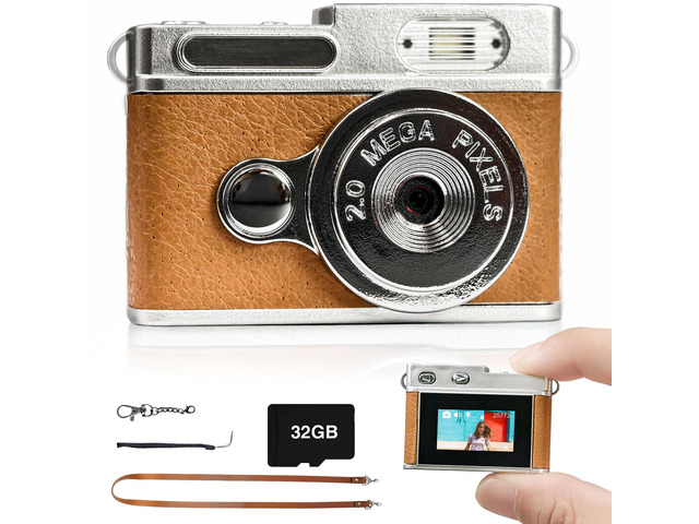 Mini Digital Camera with 0.96 in LCD Screen 1080P 32GB Card Feel of Old 90s Photographs, Keychain Size, Birthday Gifts (Brown)