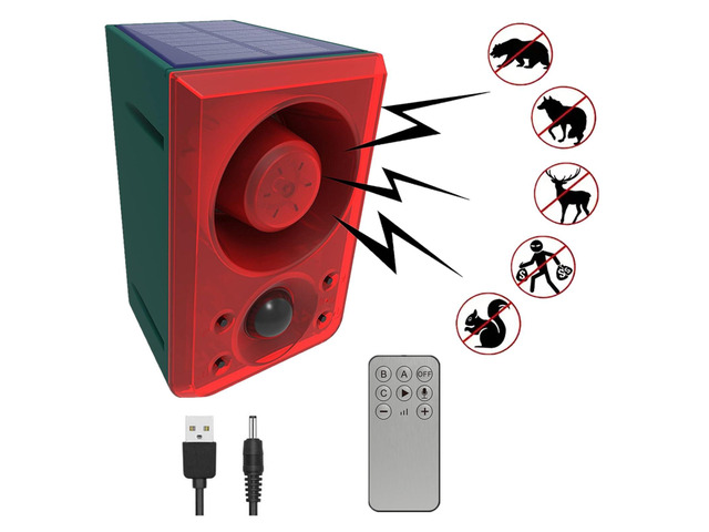 Solar Outdoor Motion Sensor Alarm,Dog Barking and Gunshot Sound Support Recording,Adjust Volume,130db Loud Noise Maker,3 Work Modes Strobe Light...