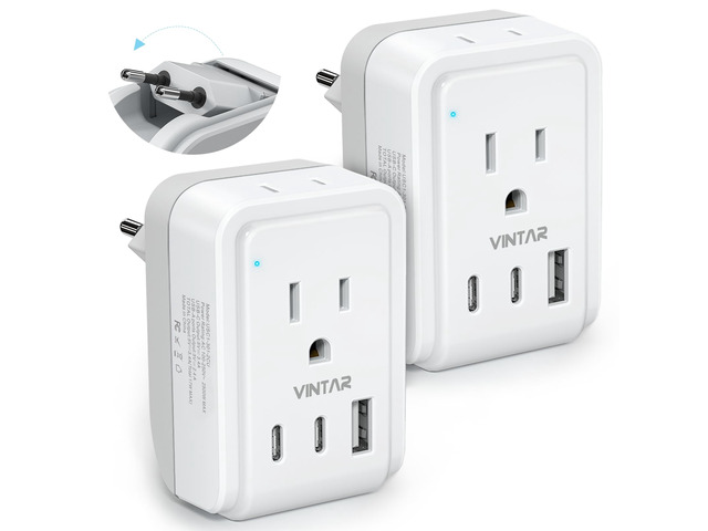 2 Pack European Travel Plug Adapter, Type C Foldable Power Adaptor 2 AC Outlets 3 USB Charging Ports(2 USB C), International Power Adapter for US...