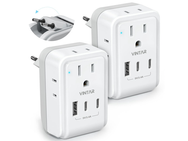 2 Pack European Travel Plug Adapter, 7 in 1 Type C Foldable Plug 4 AC Outlets 3 USB Charging Ports(2 USB C), International Power Adapter for US to...