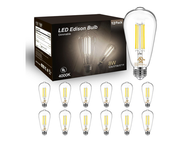 12 Pack Vintage LED Edison Bulbs, E26 Led Bulb 60W Equivalent, Dimmable Led Light Bulbs, High Brightness 800 LM Neutral White 4000K, ST58 Antique...