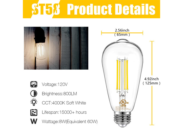 16 Pack Vintage LED Edison Bulbs, E26 Led Bulb 60W Equivalent, Dimmable Led Light Bulbs, High Brightness 800 LM Neutral White 4000K, ST58 Antique...