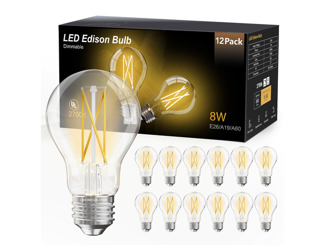 12 Pack A19 Vintage LED Edison Bulbs, 60W Equivalent, Dimmable, High Brightness 2700K Warm White, 800 Lumens, 8W E26 Standard Base, CRI80+, Clear...