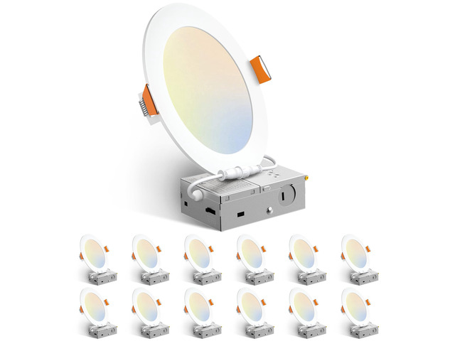 12 Pack 6 Inch LED Recessed Lighting, Canless Wafer Downlight, White 5CCT 2700K-5000K, 5%-100% Dimmable, Ultra-thin, Metal housing, 1050LM 12W...
