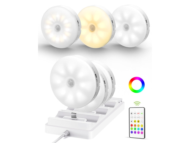 RGB Puck Lights with Charging Station, Motion Sensor Cabinet Lights 6-Pack with Remote, Rechargeable, Wireless, 3 Color Temps, 12 RGB Colors,...