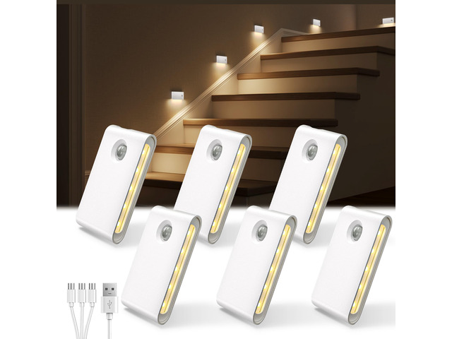 6 Pack Motion Sensor Night Lights, Sync LED Stair Lights Indoor, 1500mAh Rechargeable, Magnetic & Dimmable, 3000K Soft White, Portable Nightlight...