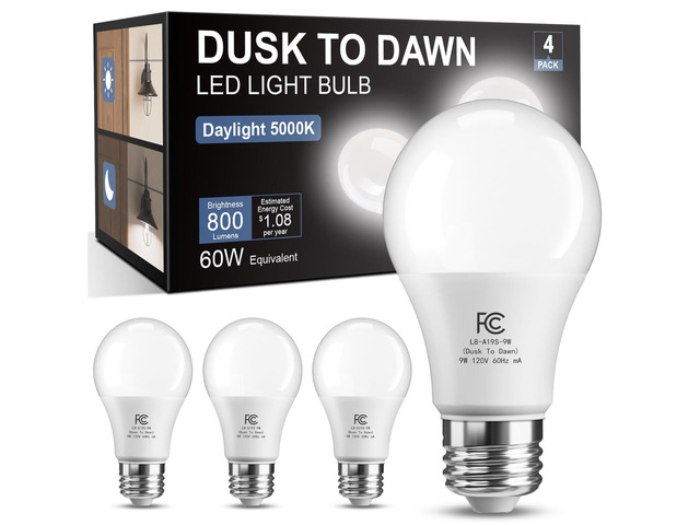 Dusk to Dawn Light Bulb Outdoor, Light Sensor, Automatic on/Off, 5000K Photocell A19 LED Bulb for Outdoor Porch Lighting, 60W Equivalent, Energy...