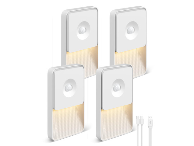 4 Pack Motion Sensor Night Lights, Rechargeable Stair Lights Indoor 3000K Warm Nightlight for Stairs, Stepless Dimming, Stick on Lights for...