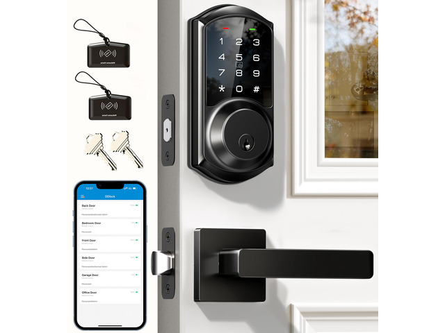 VE06-L Smart Deadbolt Lock with 2 Lever Handle Set, Matte Black App & Fob Control, Electronic Digital Touchscreen Keypad, Remote Access Sharing,...