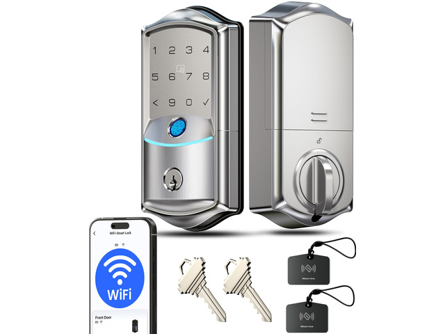 VE027 WiFi Smart Lock Fingerprint Keyless Entry Deadbolt Satin Nickel Built-in Wi-Fi, App Remote Control, Touchscreen Keypad, Fob, Code, Alexa...