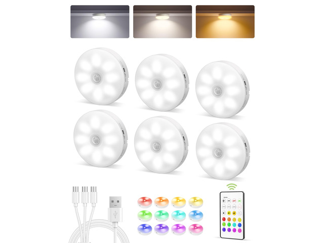 RGB Under Cabinet Puck Lights with Remote, Motion Sensor Lights 6-Pack with Remote, Rechargeable, Wireless, 3 Color Temps+ 12 RGB Colors, Magnetic,...