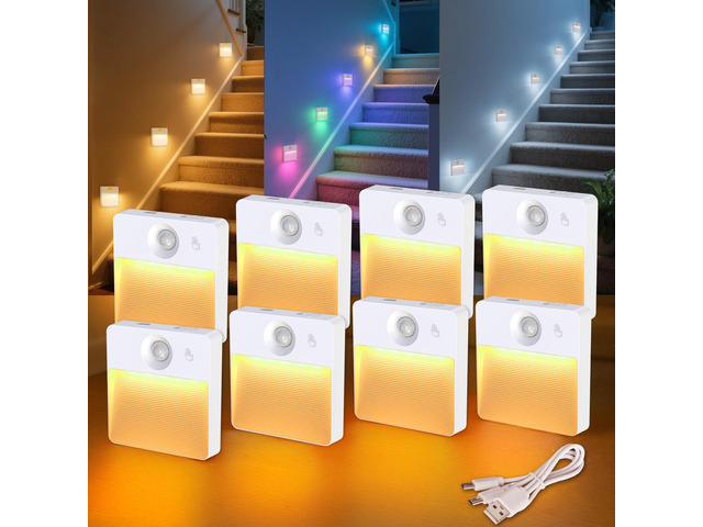 8 Pack Rechargeable Stair Lights for Indoor, Motion Sensor Night Lights RGB, Stepless Dimming, Automatic, Magnetic, Battery Operated LED Lamp for...