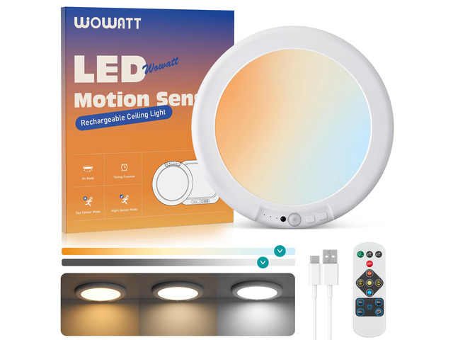 Rechargeable Ceiling Lights Battery Operated with Remote for Shower Wireless Magnetic Ceiling light 7.48in, 3000K 4500K 6500K, Dimmable Motion...