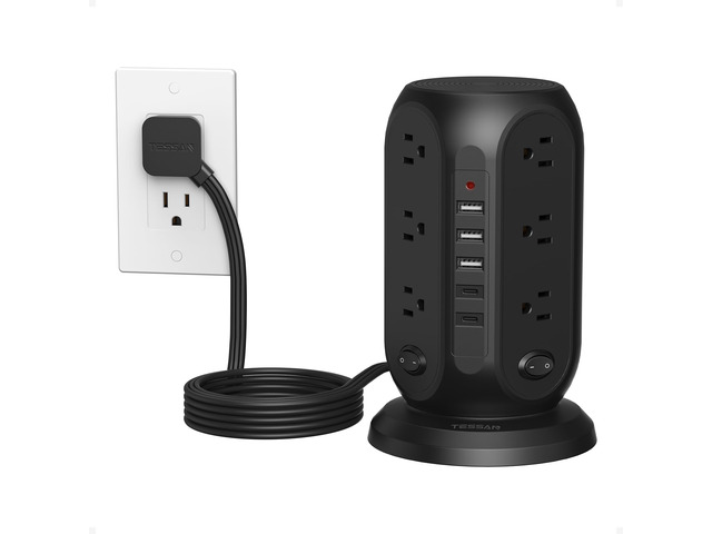 Tower Power Strip Surge Protector, Flat Extension Cord 10 Ft,Black Individual Switches with 12 Outlets, 5 USB Ports(2 USB C), Flat Plug, Charging...