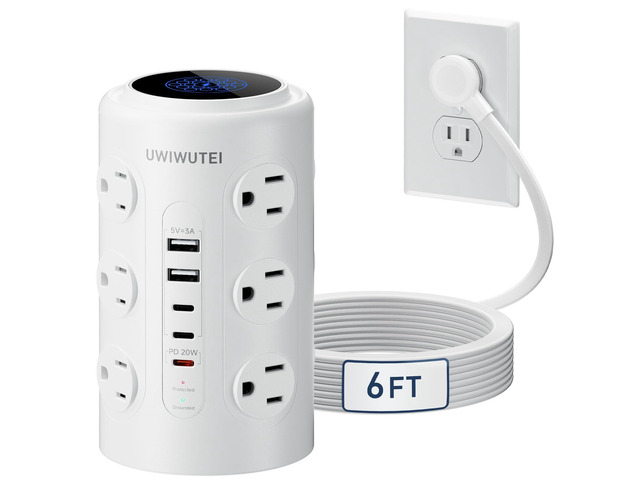 6FT Tower Power Strip with Dedicated 20W PD USB-C Port 12 WidelySpaced AC Outlets & 5 USB Ports, Flat Plug, Extension Cord, Desk Charging Station...