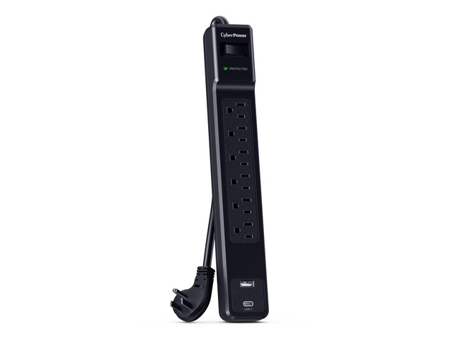 CSP604UC Surge Protector 1500J, 6 Outlets, 1 USB-A, 1 USB-C, 4 Foot Power Cord, Black, ETL