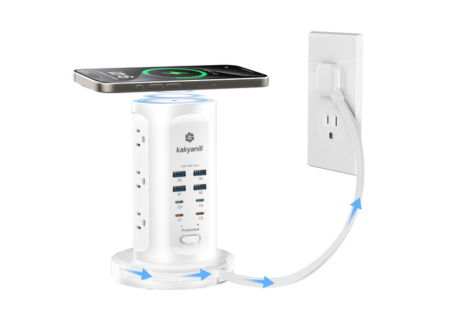 115W USB Charging Station, Power Strip Tower with 9 AC 8 USB 6Ft Flat Plug Retractable Extension Cord, for Home Office Dorm, White