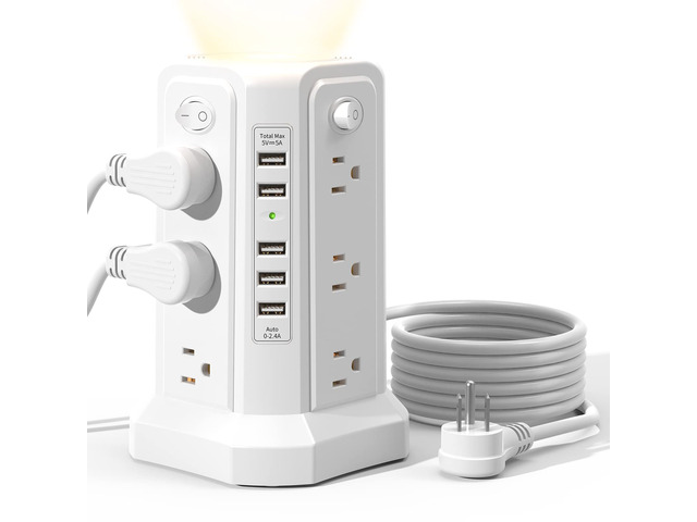 Surge Protector Power Strip Tower with 5 USB Ports and Night Light 10FT Extension Cord with 12 AC Multiple Outlets, Power Tower, Overload...