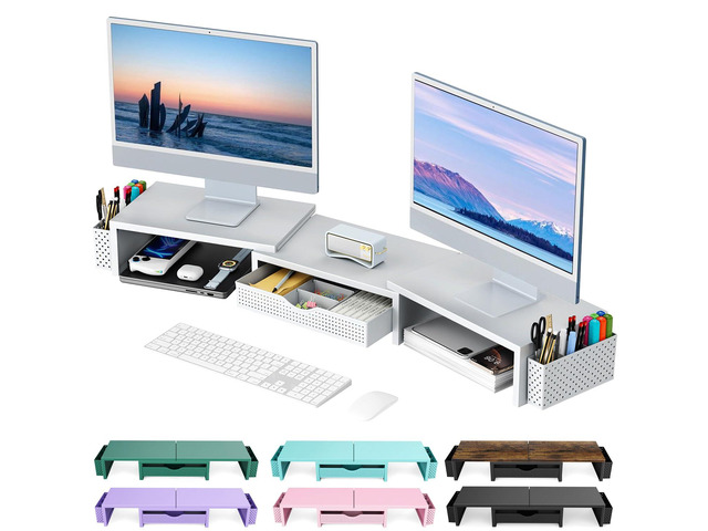 Dual Monitor Stand Riser With Drawer and 2 Pen Holders Computer Monitor Stand Desk Organizer and Accessories Desk Shelf for Top of Desk (White)