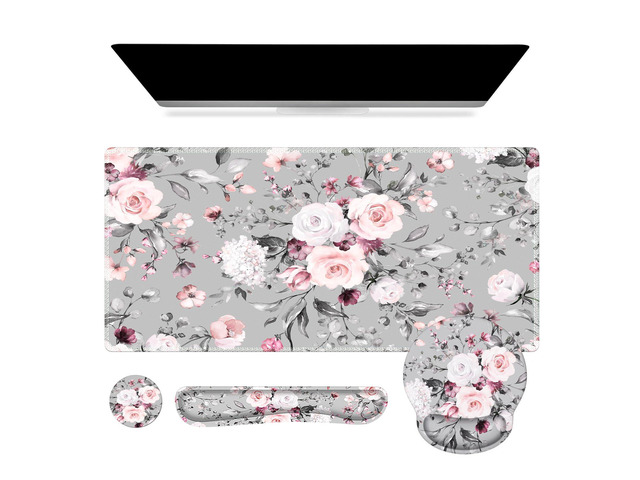 Desk Blotter for Workspace, Pink Floral 35.4'x15.7' Mousepad School Ergonomic Desk Pad Featuring Keyboard Wrist Rest, Elegant Mousepad Set for...