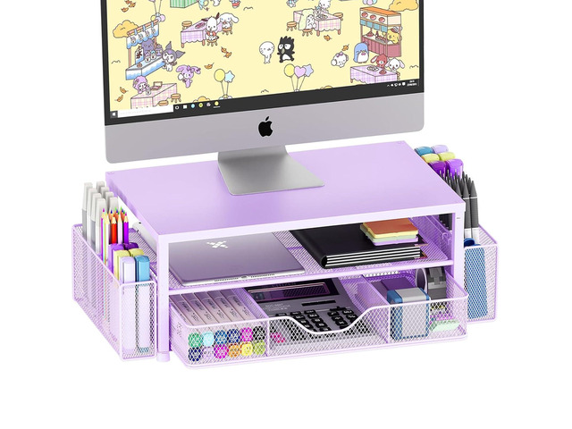 Desk Organizer and Accessories, 2-Tier Computer Monitor Stand Riser with Drawer and 2 Pen Holders, Laptop Stand, Office Desk Accessories for Office...