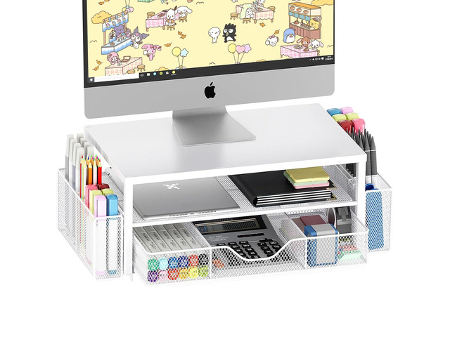 Desk Organizer and Accessories, 2-Tier Computer Monitor Stand Riser with Drawer and 2 Pen Holders, Laptop Stand, Office Desk Accessories for Office...