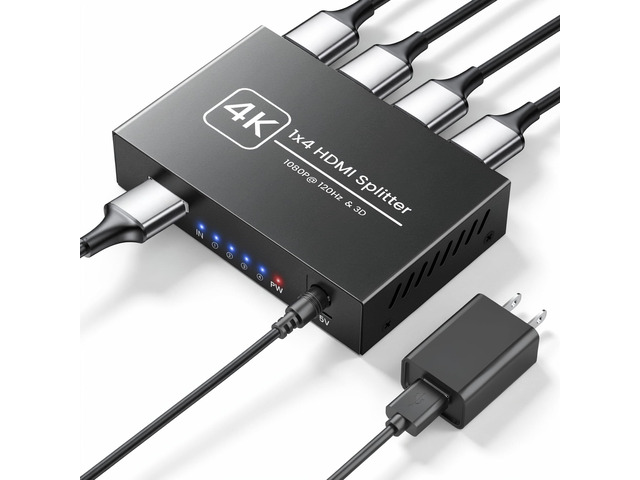 4K HDMI Splitter 1 in 4 Out, Supports 1080P@120Hz, Up to 100ft Transmission Powered 1x4 HDMI Splitter with 5V DC UL Power Adapter, Mirror Display...