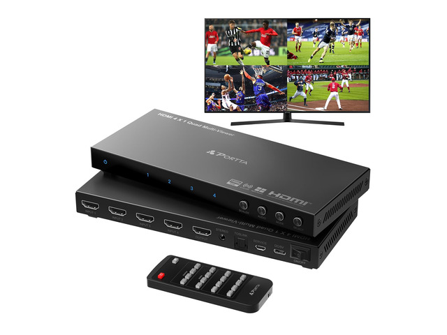HDMI Multiviewer Switch 4x1 with PIP, PORTTA Quad Multi Viewer Seamless Switcher 4 in 1 Out with Toslink, 3.5mm Audio Output Support 1080p 60Hz, 6...