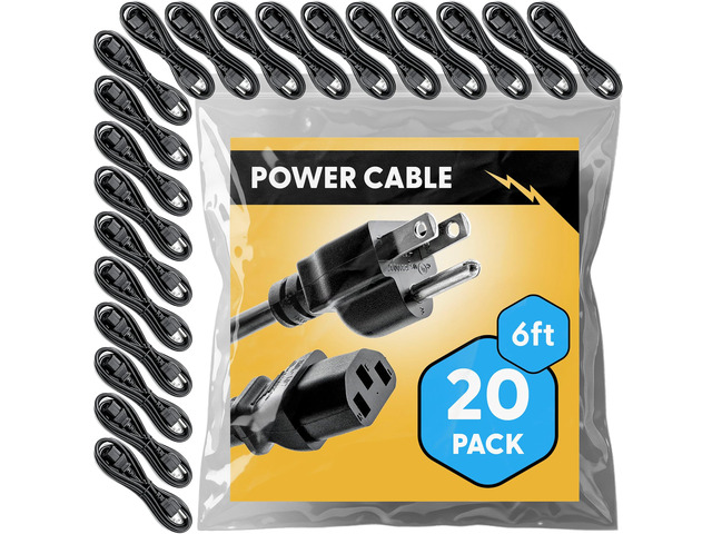 UL Approved 6ft Universal Power Cord (20 Pack) - IEC C13 to NEMA 5-15P Computer Monitor Cable for IT Departments, Data Centers & Bulk Purchasing -...