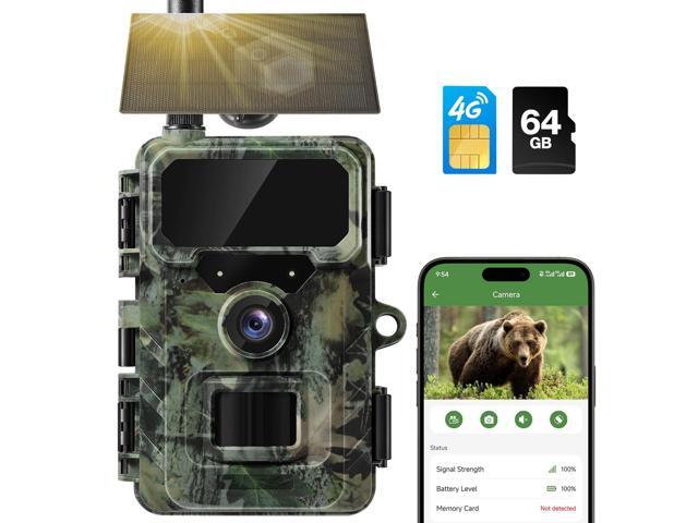 Cellular Trail Camera Solar, 4G LTE Game Cameras 64MP 2K HD Live Streaming,Night Vision Outdoor Camera,Rechargeable Wildlife Camera Deer Cams for...