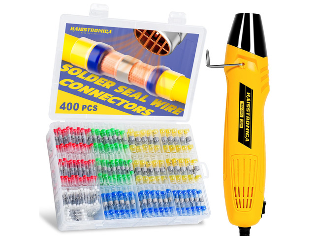 400PCS Solder Seal Connector Kit, 350W Heat Gun, AWG 26-10 Clear Sleeves, 2 Heat Settings, Focused Nozzle, 4 Color-Coded Sizes, Mini Heat Gun,...