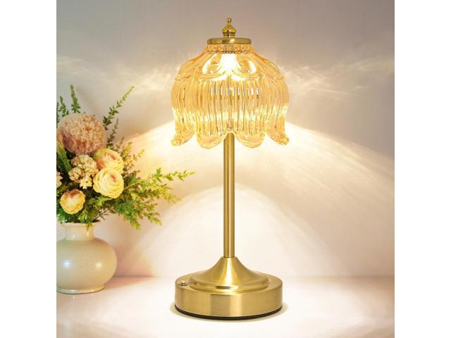 Cordless Table Lamp, Rechargeable Amber Glass Lotus Flower Lamp 5200mAh touch lamp with 3 color modes and stepless dimming, battery operated lamp...