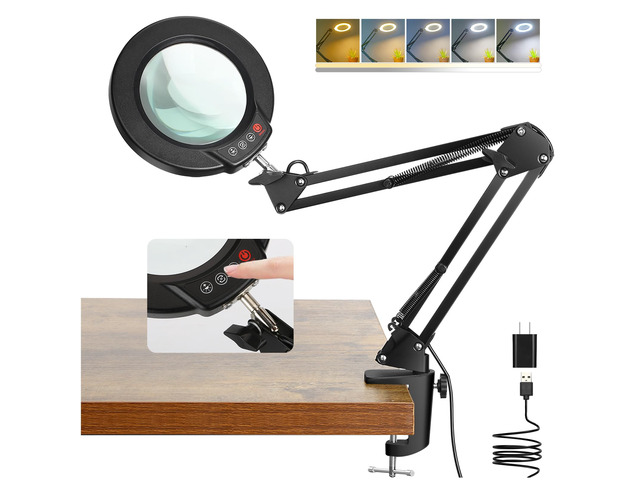 10X Magnifying Glass with Light and Clamp, Real Glass Stand Lighted Magnifier, 5 Color Modes Stepless Dimmable LED Desk Lamp Hands Free for Crafts...