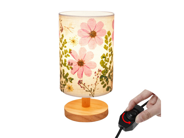 Dried Flowers Small Table Lamp 9W LED Dimmable Warm Light Pressed Flower Bedside Lamp Linen Shade with Wood Base for Bedroom Living Room Desk Nursery