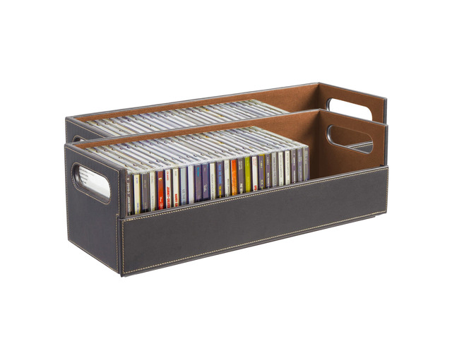 2- Pack CD Storage Box, Organizer Shelf for Movie Cases, DVDs, Cassette Tape Display Stand, Disc Holder Can Store Up to 40 CDs, Faux Leather (Brown)