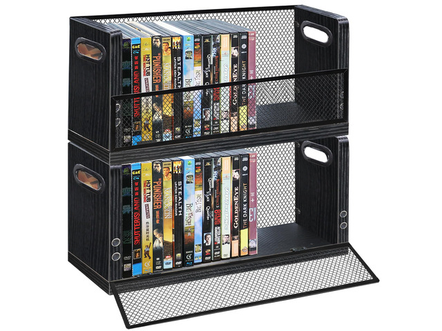 DVD Storage Box, 2 Pack Holds 56 DVDs (28 Each), Stackable Wood & Metal Organizer with Magnetic Opening Door for Blu ray, CDs, Video Game Cases,...