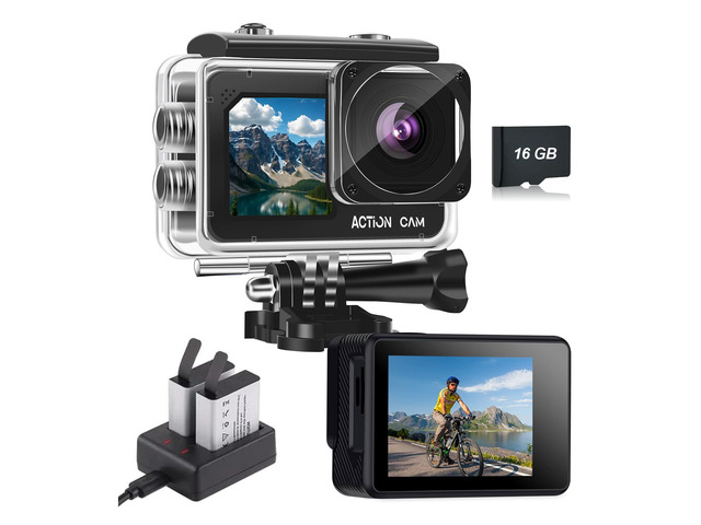 Dual Screen Action Camera, 1080P 16MP Waterproof Camera, Black 40M Underwater Camera, with 2x1050mAh Batteries, 16GB Card & Full Accessories for...