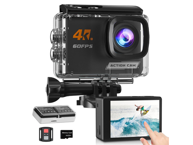 4K60FPS Action Camera Touchscreen, 40M Waterproof Underwater Camera with 64G SD Card, 6-Axis Stabilization Motorcycle Camera 8X Zoom with 2.4G...