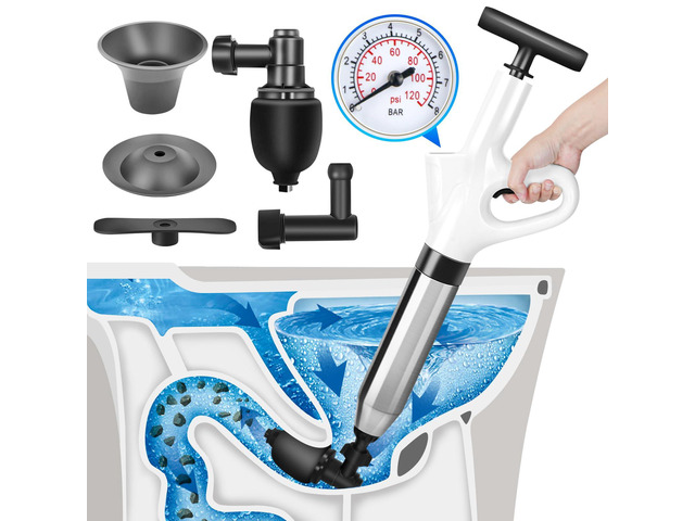 High Pressure Toilet Plunger, Air Drain Blaster Gun with Visual Barometer and Stainless Steel Plungers, Powerful Drain Clog Remover Tool for Sink,...