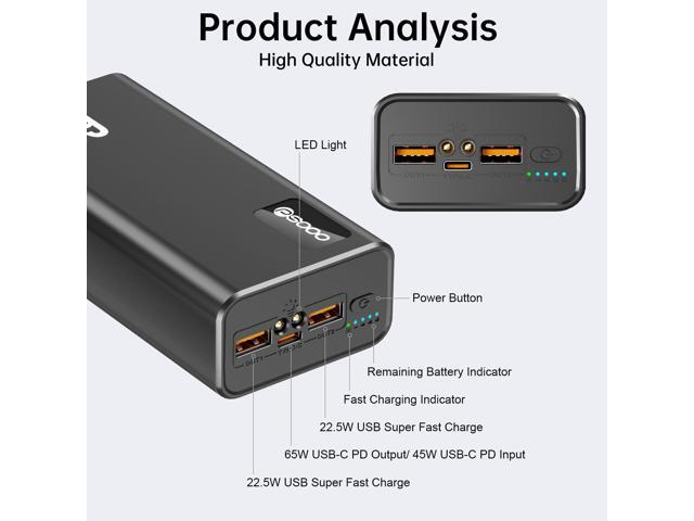 PSOOO Portable Charger 50000mAh 65W PD Fast Charging Power Bank, 3-Port External Battery Pack with LED Flashlight, Compatible with iPhone, Samsung,...